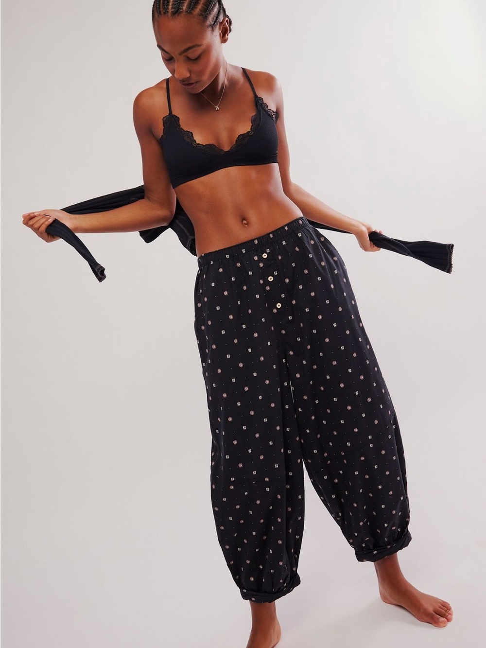 Free People Black Wide-Leg Printed Button-Front “Sunday Morning Lounge” Pants